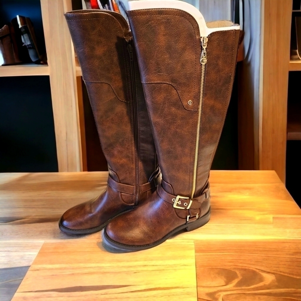 G By Guess Knee Height Tall Boots Hayden Brown Faux Leather sz 5.5 NEW